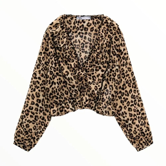 ZARA | Brown | ANIMAL PRINT CROPPED BLOUSE - Picture 2 of 11